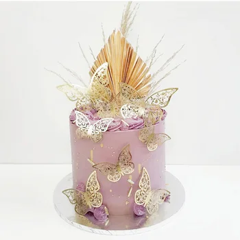12 Adet 3D Kelebek Metal Doku Kağıt Doğum Günü Pastası Topper Altın 3D İçi Boş Pişirme Kek Topper Düğün için Parti Kek Süslemeleri