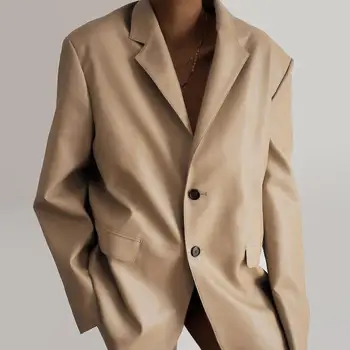 2022 PU Sonbahar Katı Blazer Ceket Çentikli Uzun Kollu Hırka Düğmesi Rahat Ceket Takım Elbise Ofis Bayan Siyah Blazers