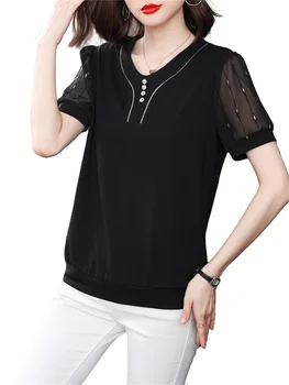 4XL Gevşek Kadın İlkbahar Yaz Bluz Gömlek Bayan Moda Rahat Kısa Kollu sıfır yaka bluzlar Dantel Blusas Tops CT0304