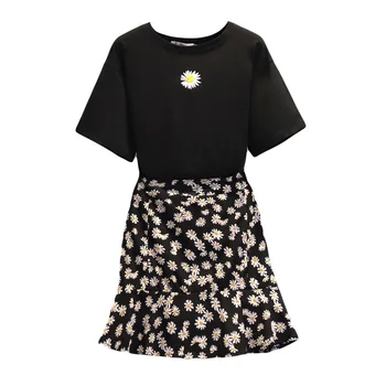 4XL Kadın Yaz Moda Kısa Kollu O Boyun Ince T Shirt + Chic Çiçek Baskı Etek 2 Parça Set Giyim Suit