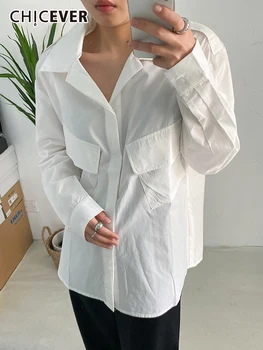 CHICEVER Katı Gömlek Kadınlar İçin Yaka Uzun Kollu Patchwork Tek Göğüslü Gevşek Casual Bluz Kadın Sonbahar Moda Stil 2022