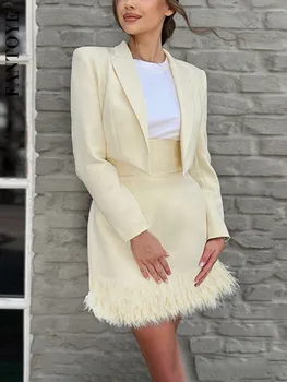 Fantoye Iki Parçalı Set Zarif Ofis Bayan Kıyafetler V Boyun Kırpılmış Blazer Yüksek Bel Kadın Mini Etek Takım Elbise Tüy Eşleşen Setleri