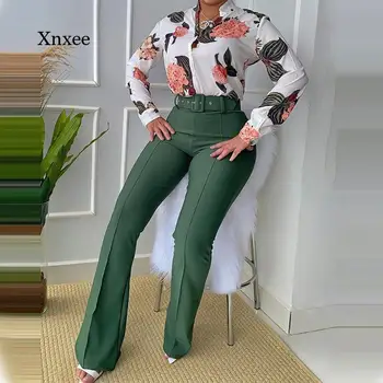 Geniş Bacak Pantolon Takım Elbise Sonbahar İki Parçalı Set Kadın Moda Ofis Bayan Baskı Uzun Kollu Gömlek Sashes Casual Kadın İki Parçalı Set