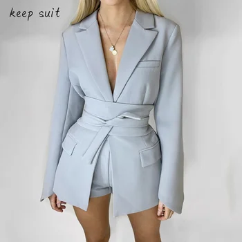 Kadın İlkbahar Sonbahar Slim fit Blazer Ücretsiz Kemer Hırka Tarzı dantel-up Kuşaklı Yaka Blazers 2022 Kadın Siyah Ofis İş Takım Elbise Yeni
