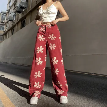 Kadın Moda Kırmızı Kot Yüksek Bel Çiçek Baskı Cep Streç Gevşek pantolon Sokak Giyim Geniş Bacak İnce Kot Düşük Rise Kot