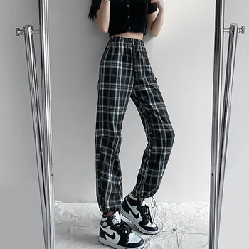 Kadın pantolonları Retro Hong Kong Tarzı Siyah Ve Beyaz Ekose Pantolon Yeni Gevşek Yüksek bel İpli Geniş bacak Pantolon Harajuku Pantolon