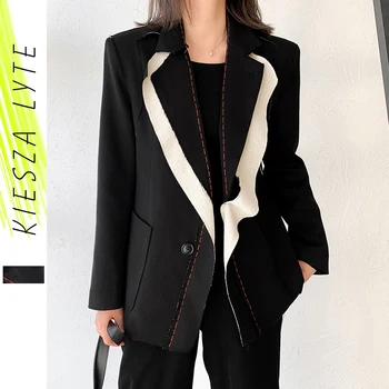 Kadın Takım Elbise Ceket 2020 Sonbahar Kore Tarzı Vintage Siyah Patchwork Bir Düğme Blazers Kadın Şık Bayanlar Trend Kıyafet