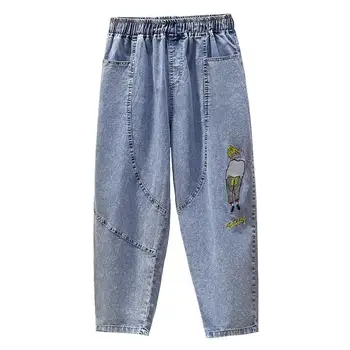 Kot kadın 2022 bahar işlemeli yüksek bel gevşek ince çok yönlü kırpılmış pantolon