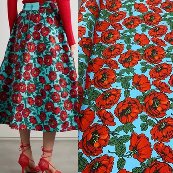Moda avrupa amerikan marka mavi alt kırmızı çiçek dijital streç ağır krep ipek kumaş ışık lüks gömlek elbise kumaş