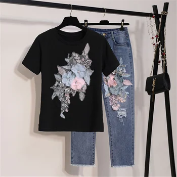 Rahat 2 Parça Set Kadın 2022 Yaz İşlemeli Çiçek Kısa Kollu tişört Delik Dokuz Puan kot pantolon İki Parçalı Set