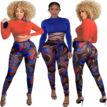 Sokak Giyim Seksi İki Parçalı Set Kadın Fermuar Dantel-up Düz Renk Kırpma Üst Moda Yüksek Bel Kravat Boya Pantolon Takım Elbise Toptan