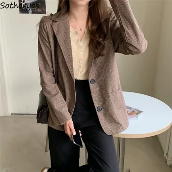 Sonbahar Kadın Ekose Blazers Vintage Çentikli Uzun Kollu Zarif Ofis Bayan Tüm Maç Kore Tek Göğüslü Takım Elbise Kadın Ulzzang