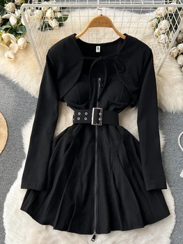 Sonbahar Üst düzey Duygusu Bel İnce Mizaç Uzun kollu Elbise Güzel Küçük Siyah İki parçalı Set Kadın Vestidos D1618
