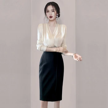 Vintage Hong Kong Tarzı Profesyonel Etek Takım Elbise 2021 Sonbahar Yeni Kadın V Yaka Uzun Kollu Üstleri + Kalem Etek Takım Elbise İki Parçalı Set
