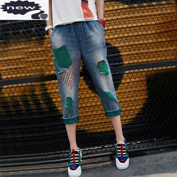 Yeni Kadın Yıpranmış Püskül Nakış Harfler Streetwear Yaz Casual Denim Buzağı Uzunlukta Pantolon Fermuar Düz Kot