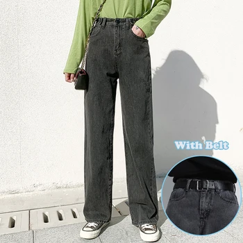 Yüksek Bel Kot Kadın Giysileri Geniş Bacak Denim Kore Tarzı Giyim Streetwear Vintage Moda Harajuku Düz Pantolon Kemer ile