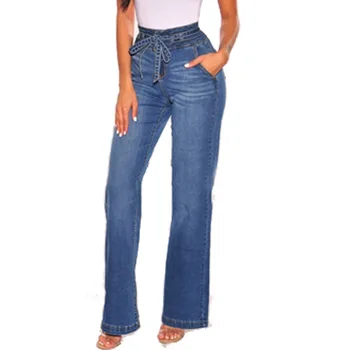Yüksek Belli Kot Kadınlar için Rahat Geniş Bacak Sıkı Kalça Sashes Kot Pantolon Bahar Kadın Moda Yıkanmış Düz Kot Pantolon