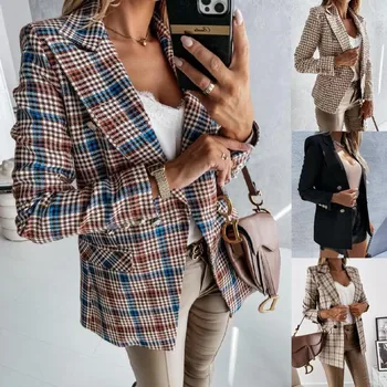 Zarif Kafes Baskı Sonbahar Kış Ceket Takım Elbise Yaka Kruvaze Hırka Ceket Artı Boyutu Kadın Rahat Streetwear Ceketler